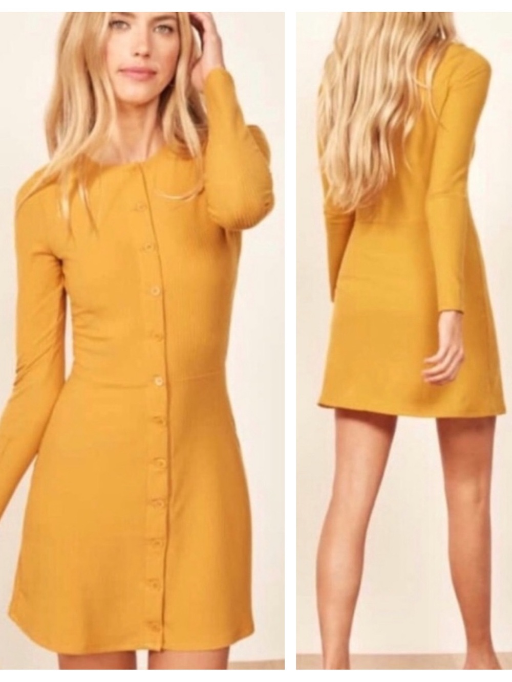 Reformation Aida Dress Ribbed Mustard Yellow Mini Long Sleeve Size Small